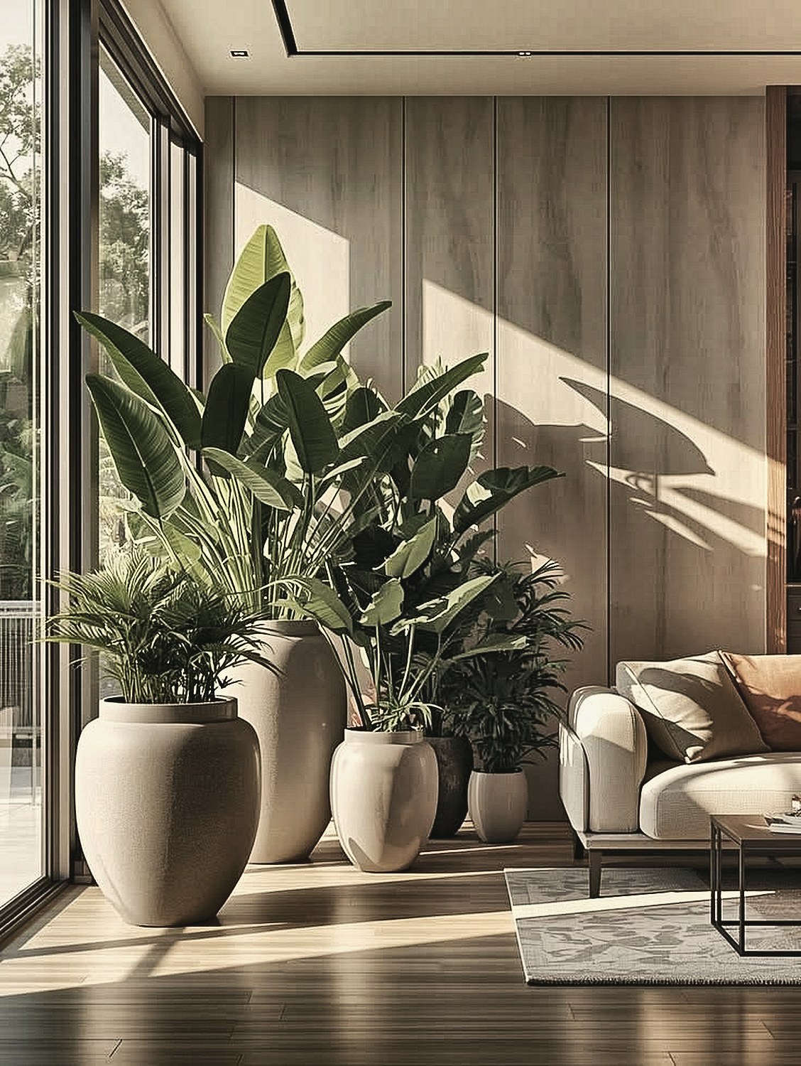 Living room with large potted plants